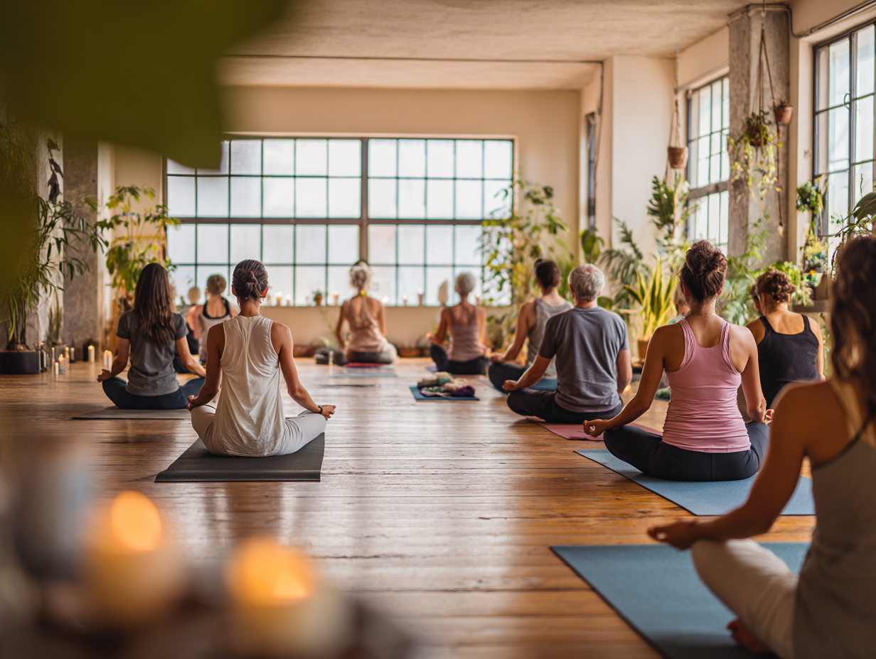 Група людей різного віку практикує йогу в затишному залі