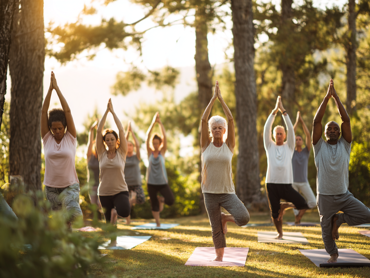 Професійний інструктор йоги демонструє правильну позу для початківців різного віку
